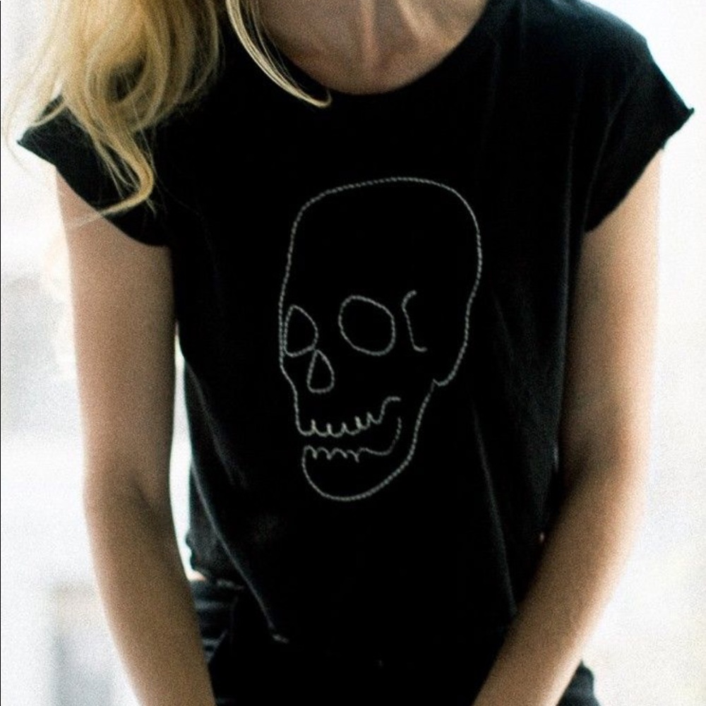 Brandy Melville Black Embroidered Skull Tee